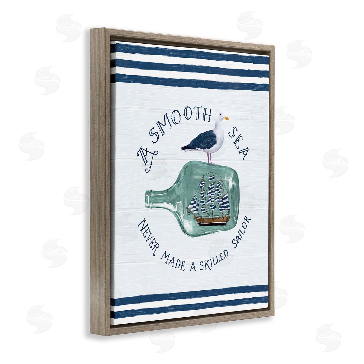 Raquel Maciel Ship In Bottle Seagull Striped Nautical Phrase  Brown Floating Frame Canvas Wall Art Print