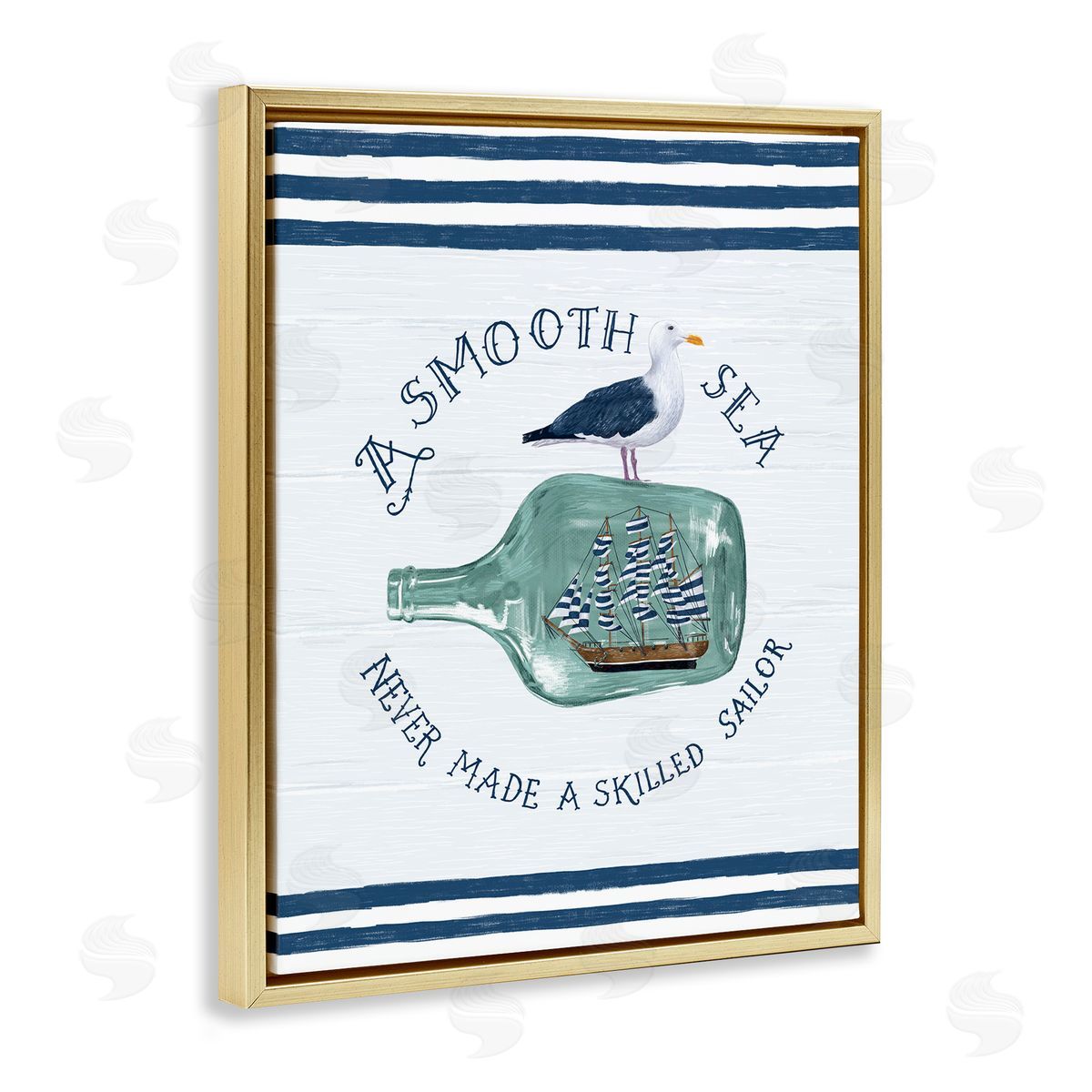 Raquel Maciel Ship In Bottle Seagull Striped Nautical Phrase  Gold Floating Frame Canvas Wall Art Print