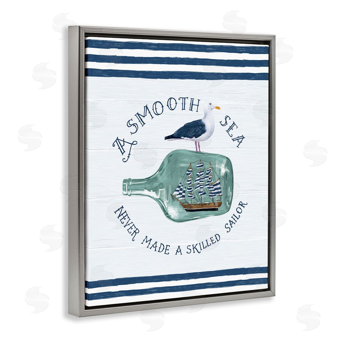 Raquel Maciel Ship In Bottle Seagull Striped Nautical Phrase  Gray Floating Frame Canvas Wall Art Print