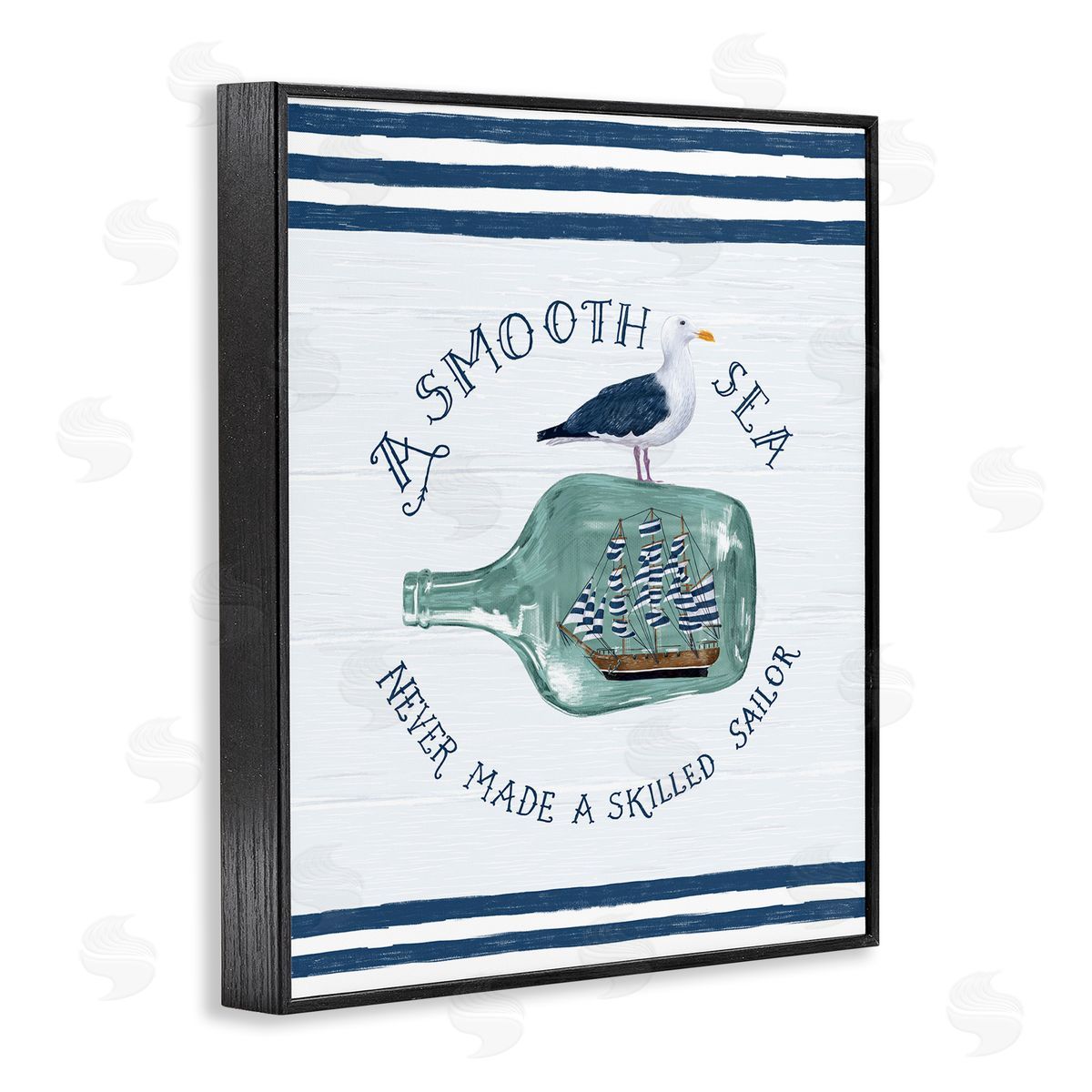 Raquel Maciel Ship In Bottle Seagull Striped Nautical Phrase  Black Framed Giclee Wall Art Print