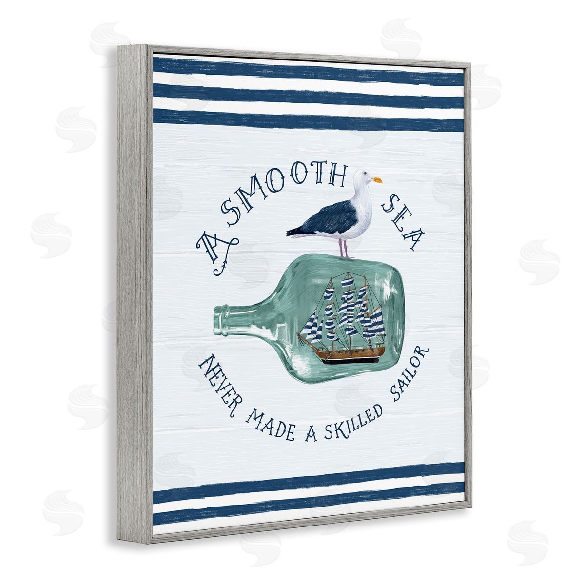 Raquel Maciel Ship In Bottle Seagull Striped Nautical Phrase  Gray Framed Giclee Wall Art Print