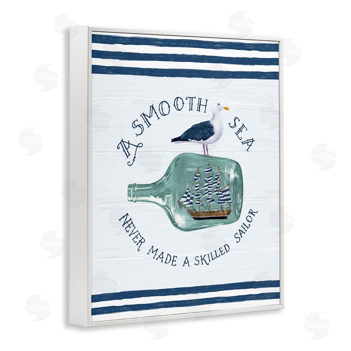 Raquel Maciel Ship In Bottle Seagull Striped Nautical Phrase  White Framed Giclee Wall Art Print