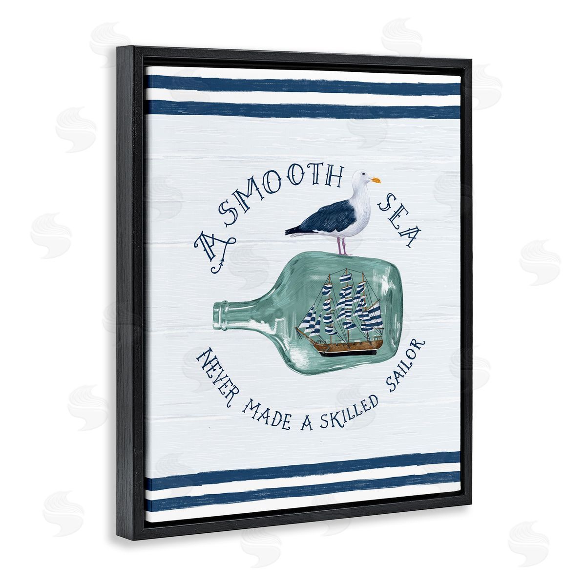 Raquel Maciel Nautical Beach Saying Seagull Grainy Stripes Pattern Black Floating Frame Canvas Wall Art Print