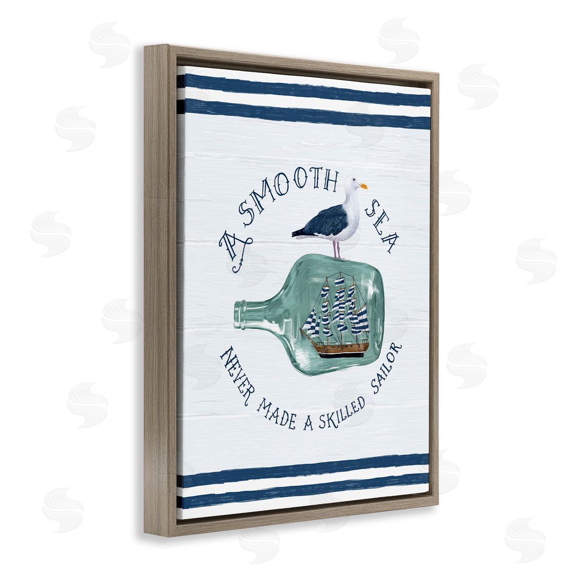 Raquel Maciel Nautical Beach Saying Seagull Grainy Stripes Pattern Brown Floating Frame Canvas Wall Art Print
