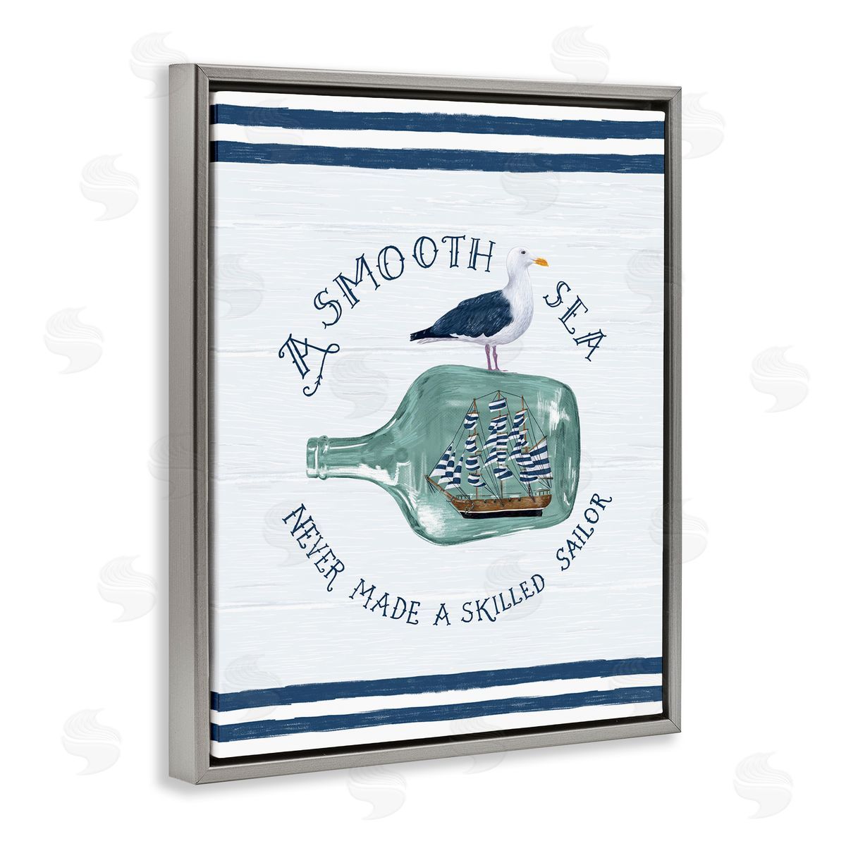 Raquel Maciel Nautical Beach Saying Seagull Grainy Stripes Pattern Gray Floating Frame Canvas Wall Art Print