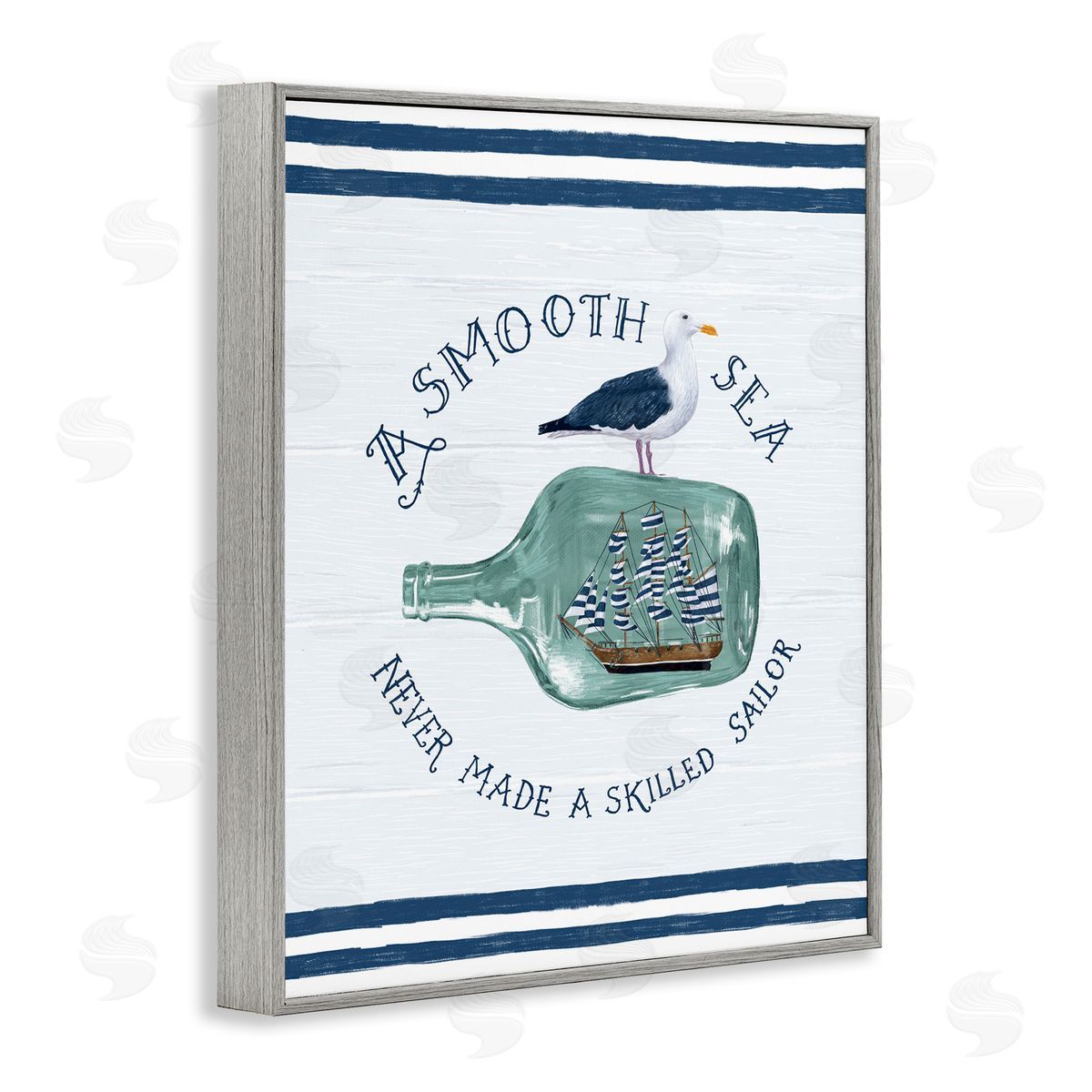 Raquel Maciel Nautical Beach Saying Seagull Grainy Stripes Pattern Gray Framed Giclee Wall Art Print
