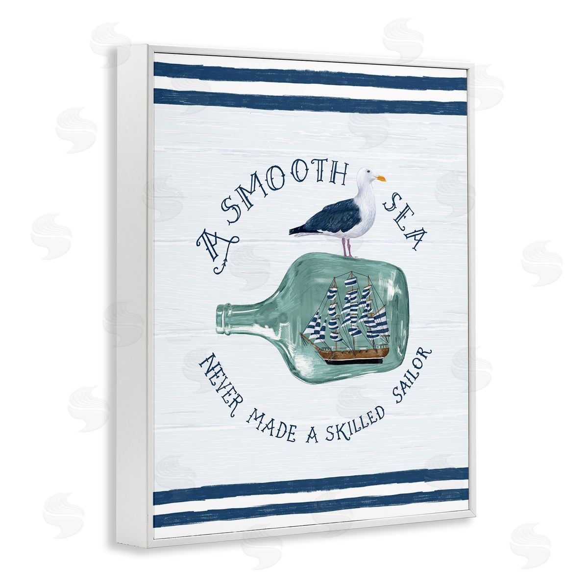 Raquel Maciel Nautical Beach Saying Seagull Grainy Stripes Pattern White Framed Giclee Wall Art Print