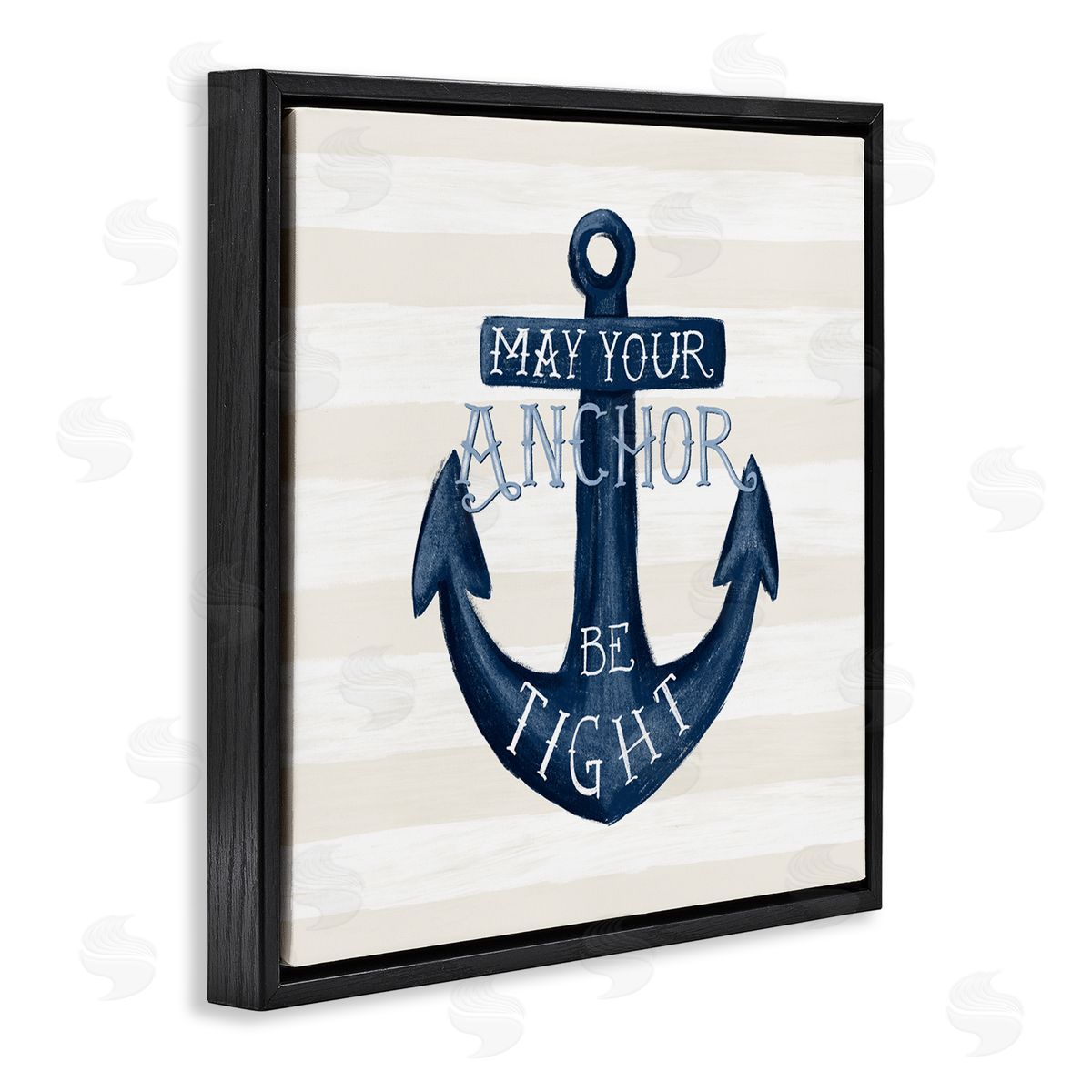 Raquel Maciel Striped Anchor Phrase Nautical Beach Illustration Black Floating Frame Canvas Wall Art Print