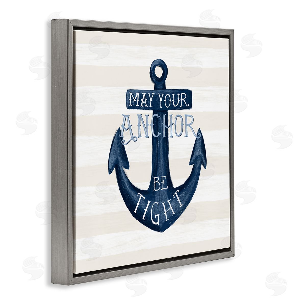 Raquel Maciel Striped Anchor Phrase Nautical Beach Illustration Gray Floating Frame Canvas Wall Art Print