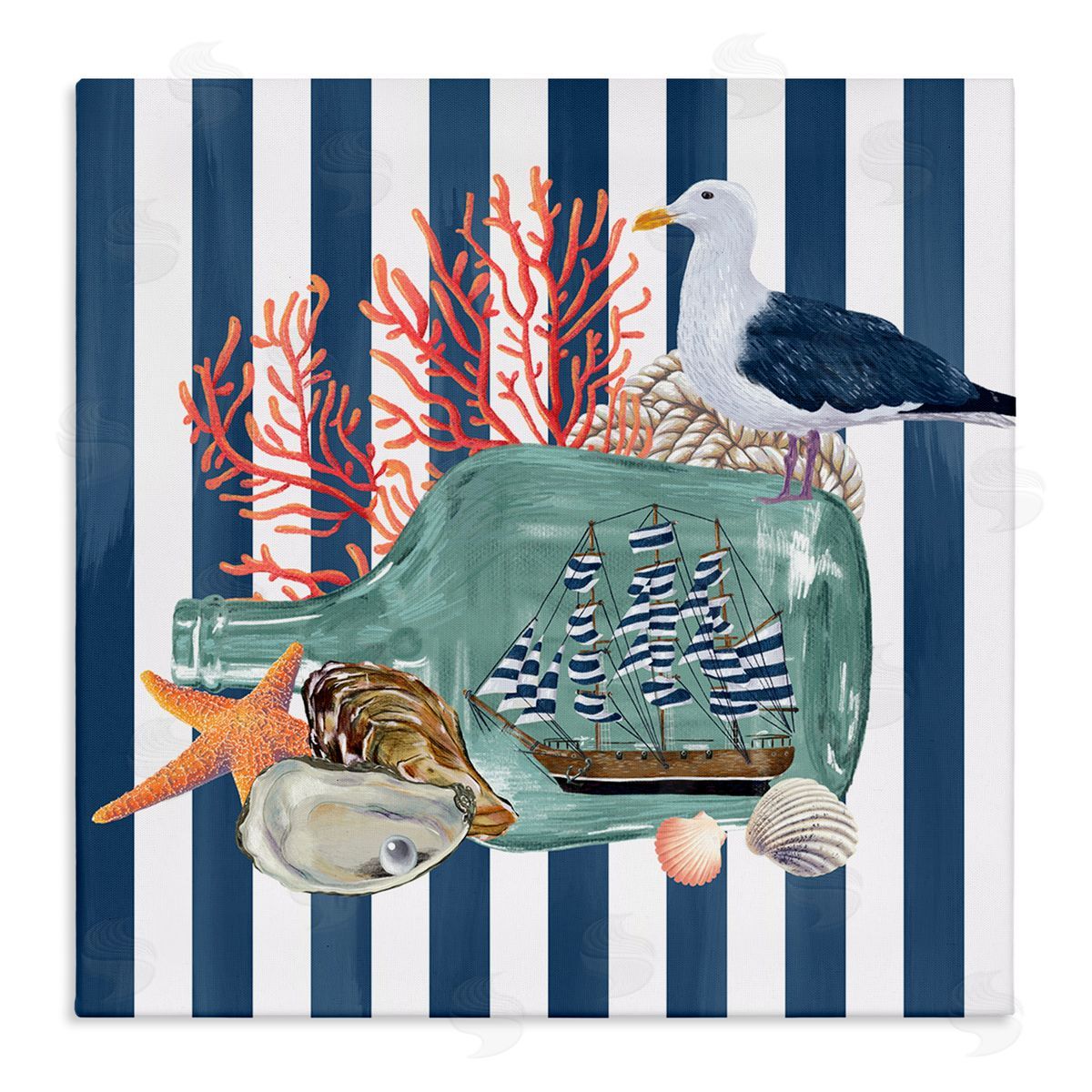 Raquel Maciel Ship In Bottle Perched Seagull Marine Life Stripes Stretched Canvas Wall Art Print