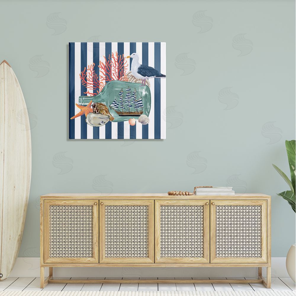 Raquel Maciel Ship In Bottle Perched Seagull Marine Life Stripes Canvas Wall Art in Room