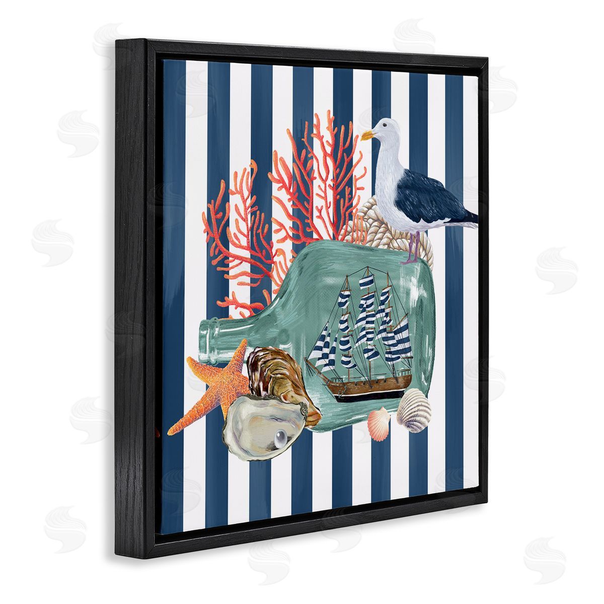 Raquel Maciel Ship In Bottle Perched Seagull Marine Life Stripes Black Floating Frame Canvas Wall Art Print