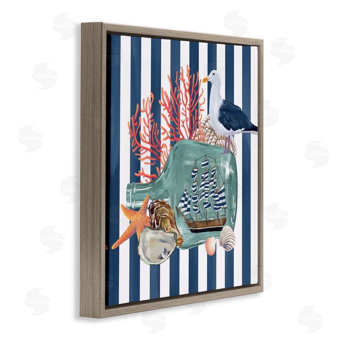 Raquel Maciel Ship In Bottle Perched Seagull Marine Life Stripes Brown Floating Frame Canvas Wall Art Print