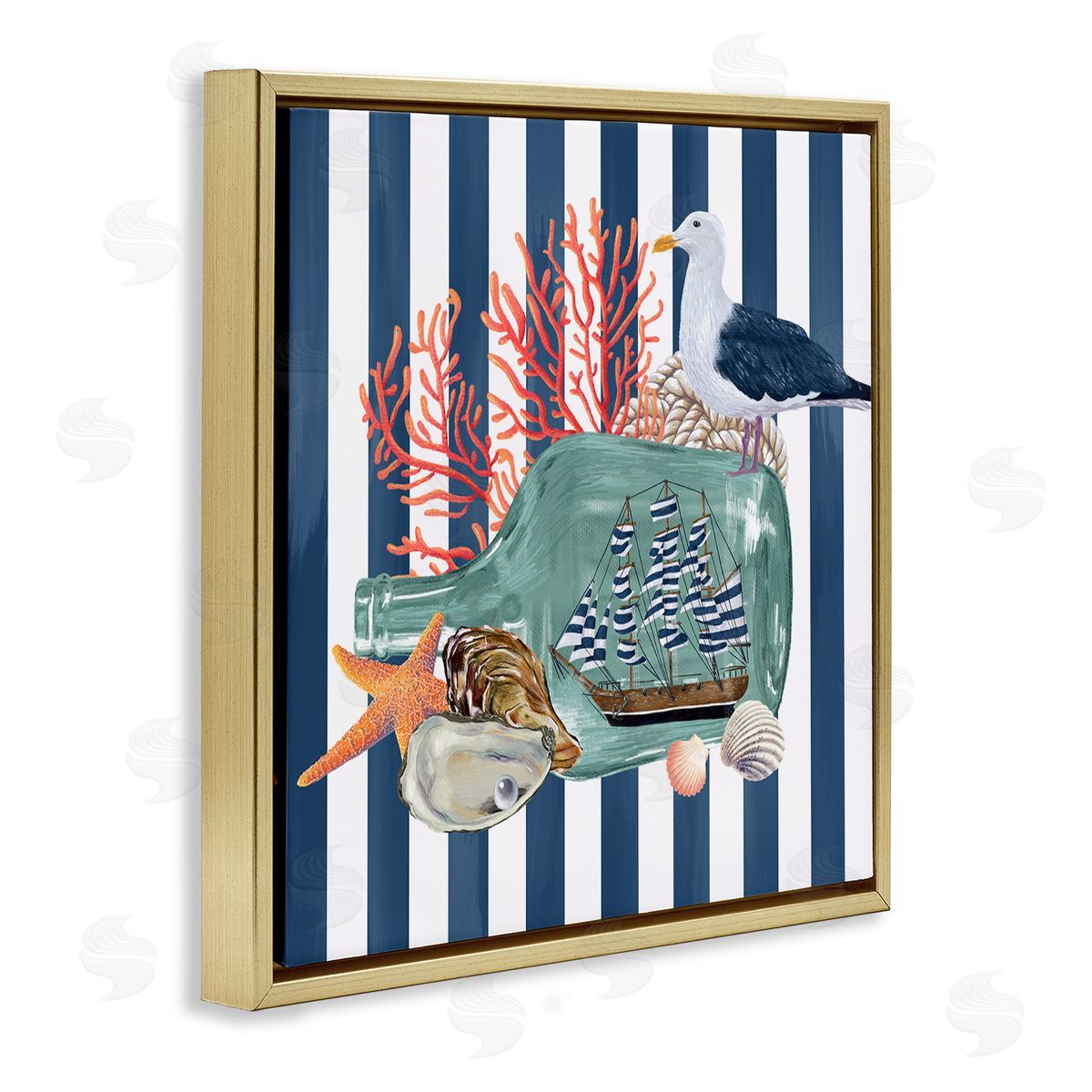 Raquel Maciel Ship In Bottle Perched Seagull Marine Life Stripes Gold Floating Frame Canvas Wall Art Print