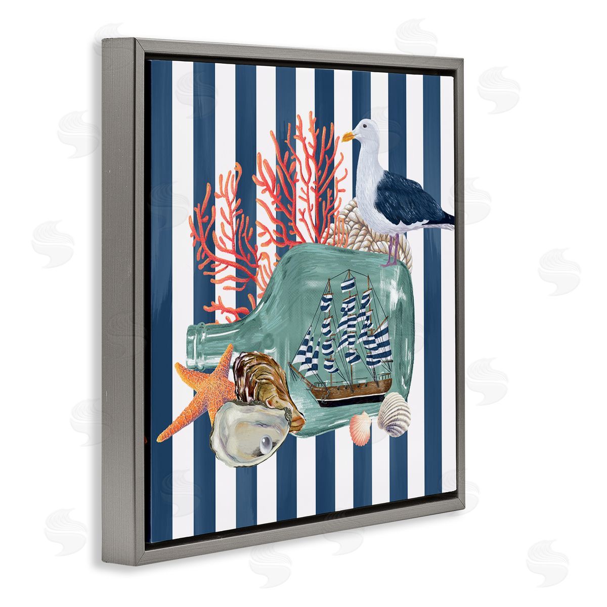 Raquel Maciel Ship In Bottle Perched Seagull Marine Life Stripes Gray Floating Frame Canvas Wall Art Print