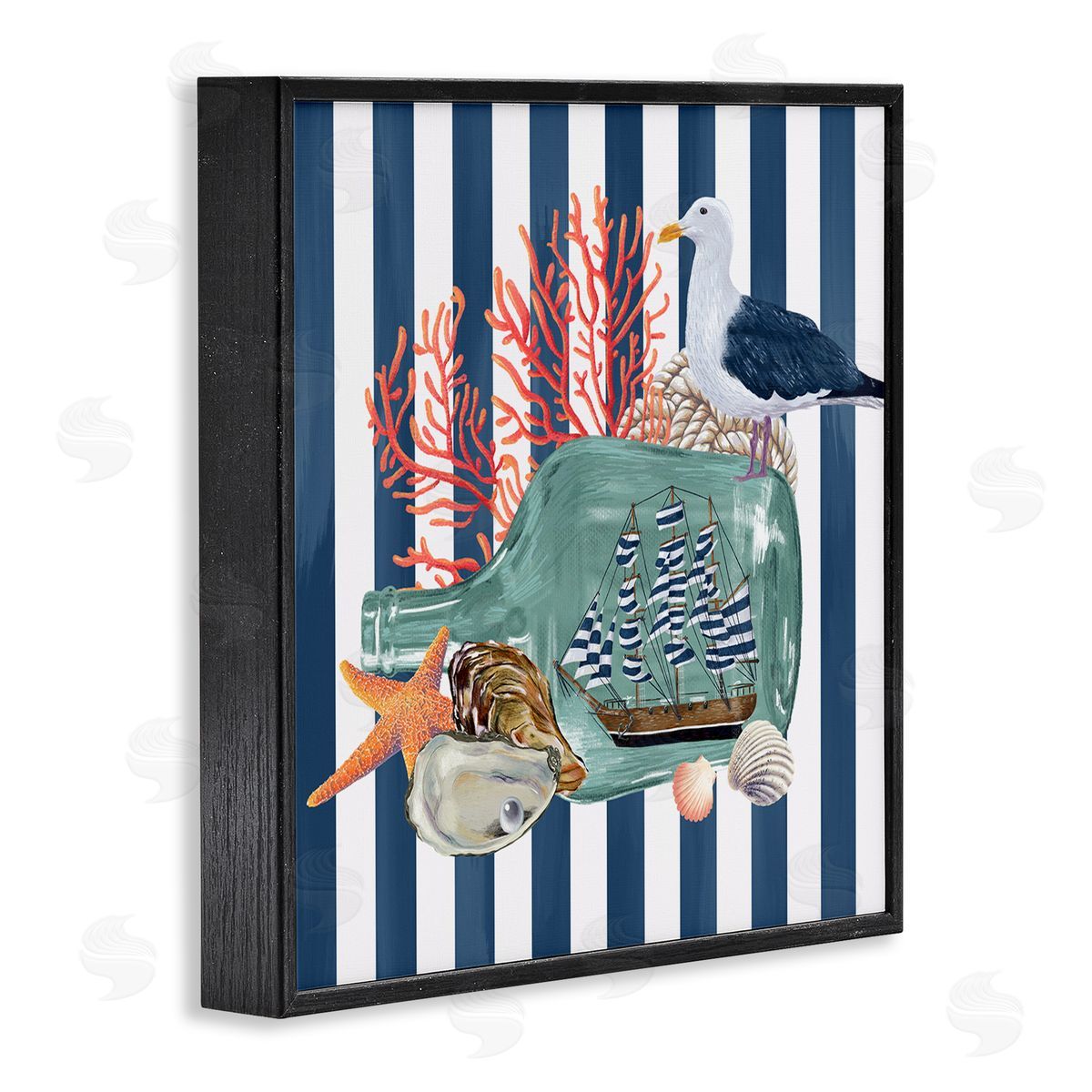 Raquel Maciel Ship In Bottle Perched Seagull Marine Life Stripes Black Framed Glicee Wall Art Print