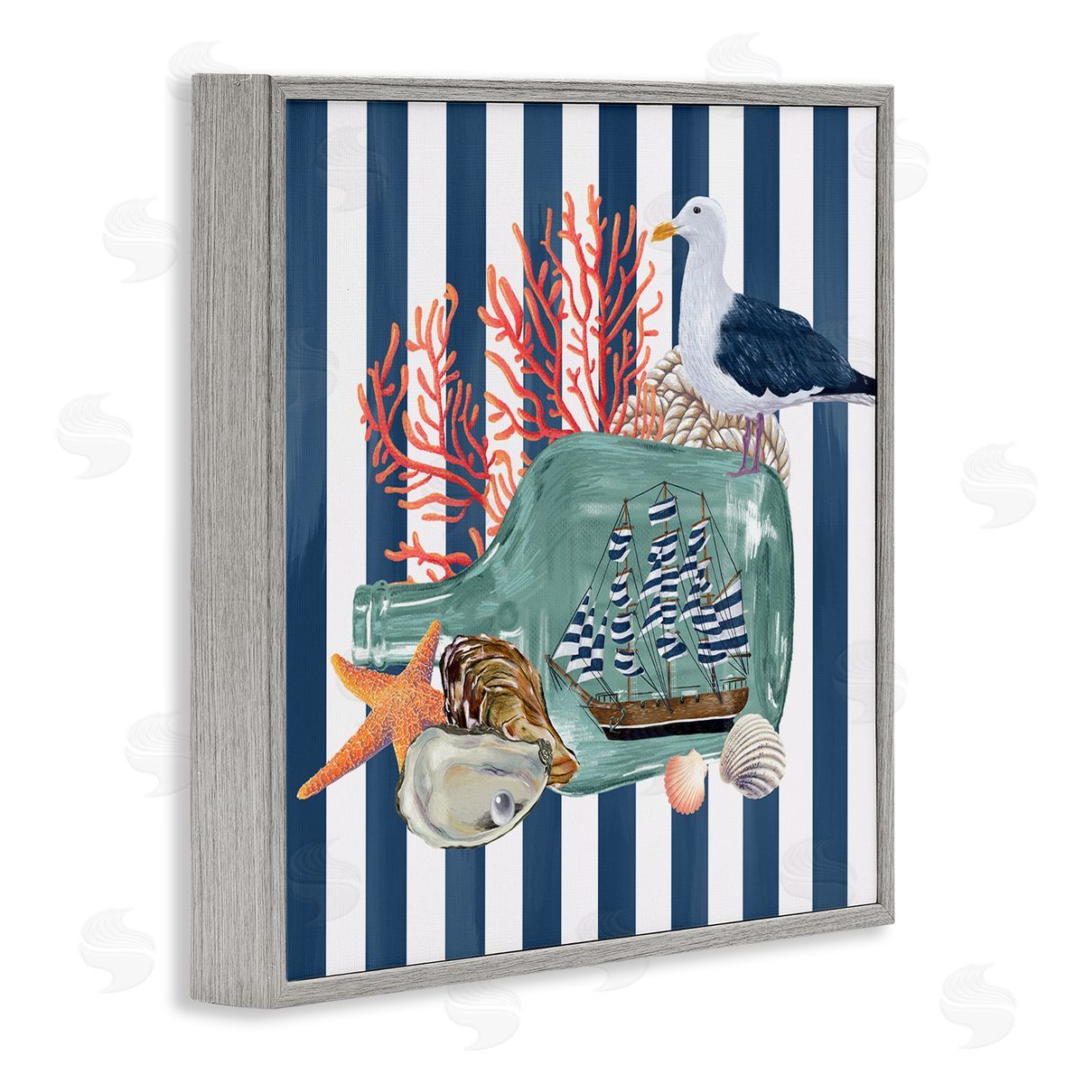 Raquel Maciel Ship In Bottle Perched Seagull Marine Life Stripes Gray Framed Glicee Wall Art Print