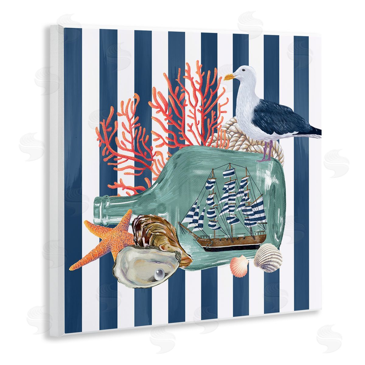 Raquel Maciel Ship In Bottle Perched Seagull Marine Life Stripes Wooden Wall Plaque Art Print