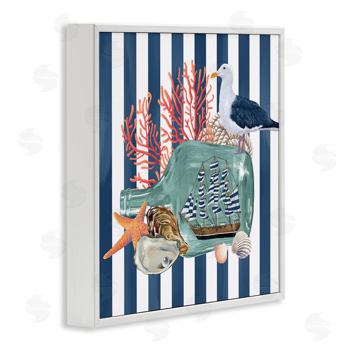 Raquel Maciel Ship In Bottle Perched Seagull Marine Life Stripes White Framed Glicee Wall Art Print