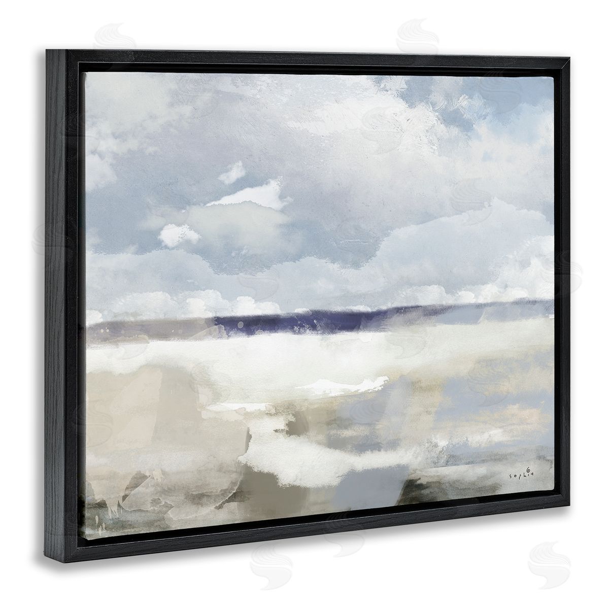 Sophie 6 Layered Abstract Beach Scenery Distant Land Clouds Black Floating Frame Canvas Wall Art Print