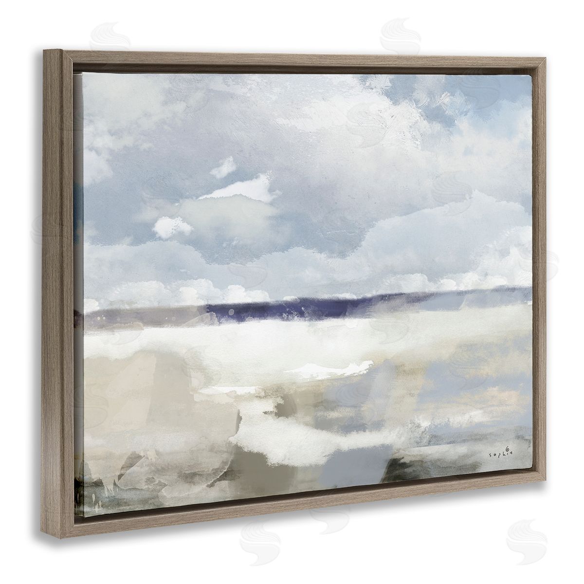 Sophie 6 Layered Abstract Beach Scenery Distant Land Clouds Brown Floating Frame Canvas Wall Art Print