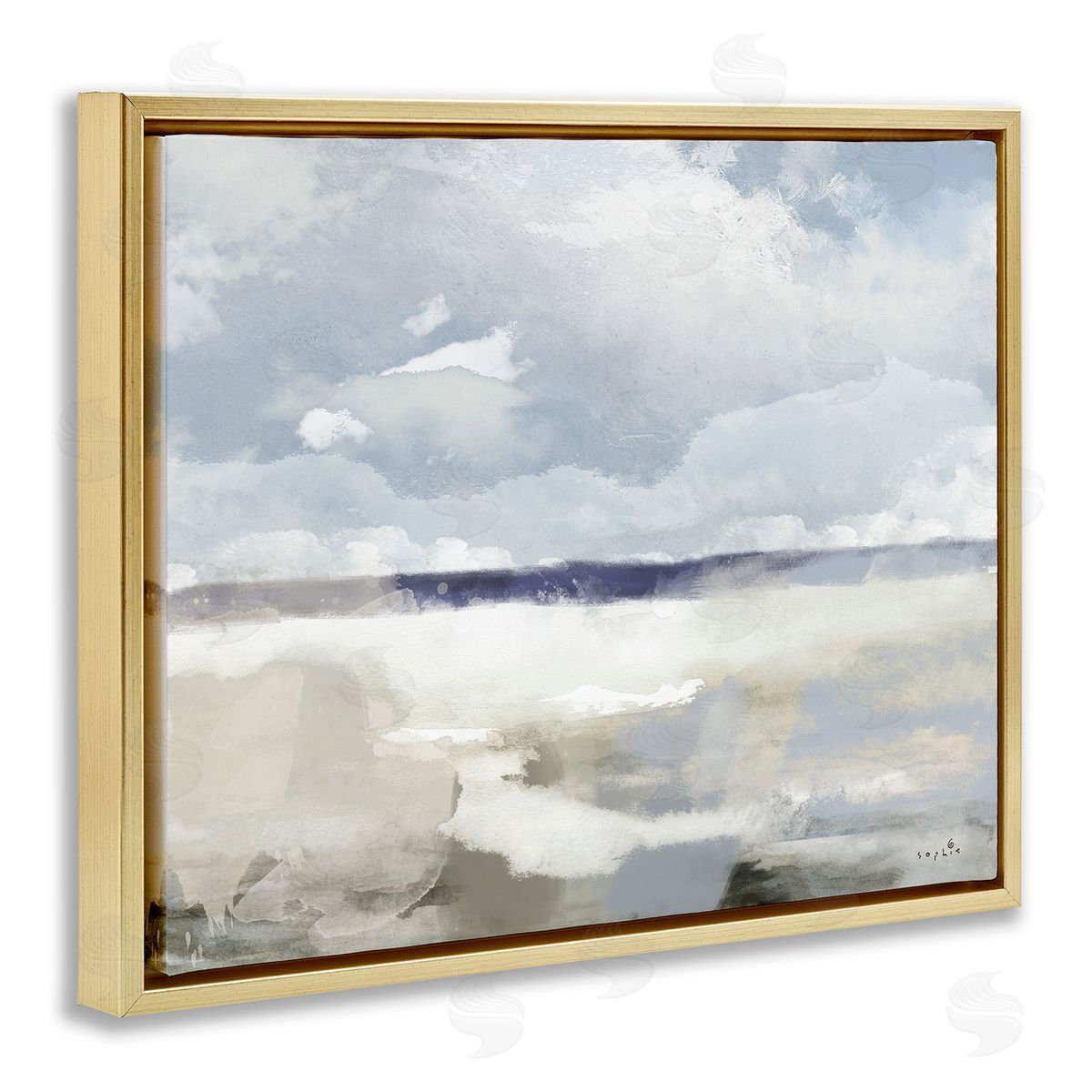 Sophie 6 Layered Abstract Beach Scenery Distant Land Clouds Gold Floating Frame Canvas Wall Art Print