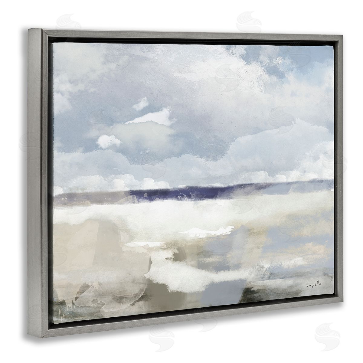 Sophie 6 Layered Abstract Beach Scenery Distant Land Clouds Gray Floating Frame Canvas Wall Art Print