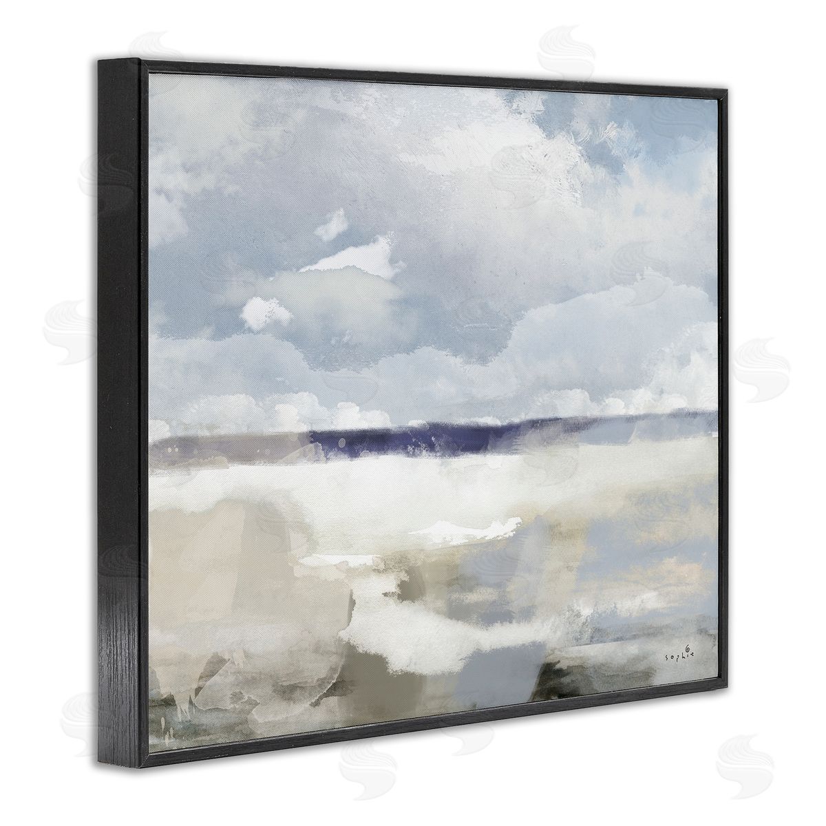Sophie 6 Layered Abstract Beach Scenery Distant Land Clouds Black Framed Giclee Wall Art Print