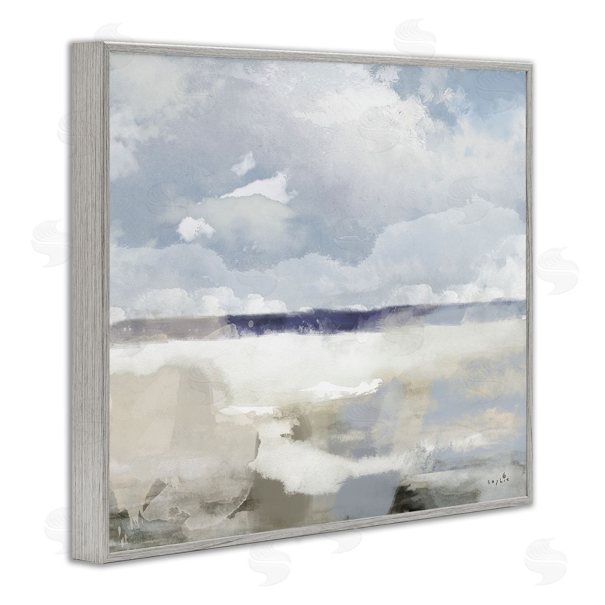 Sophie 6 Layered Abstract Beach Scenery Distant Land Clouds Gray Framed Giclee Wall Art Print