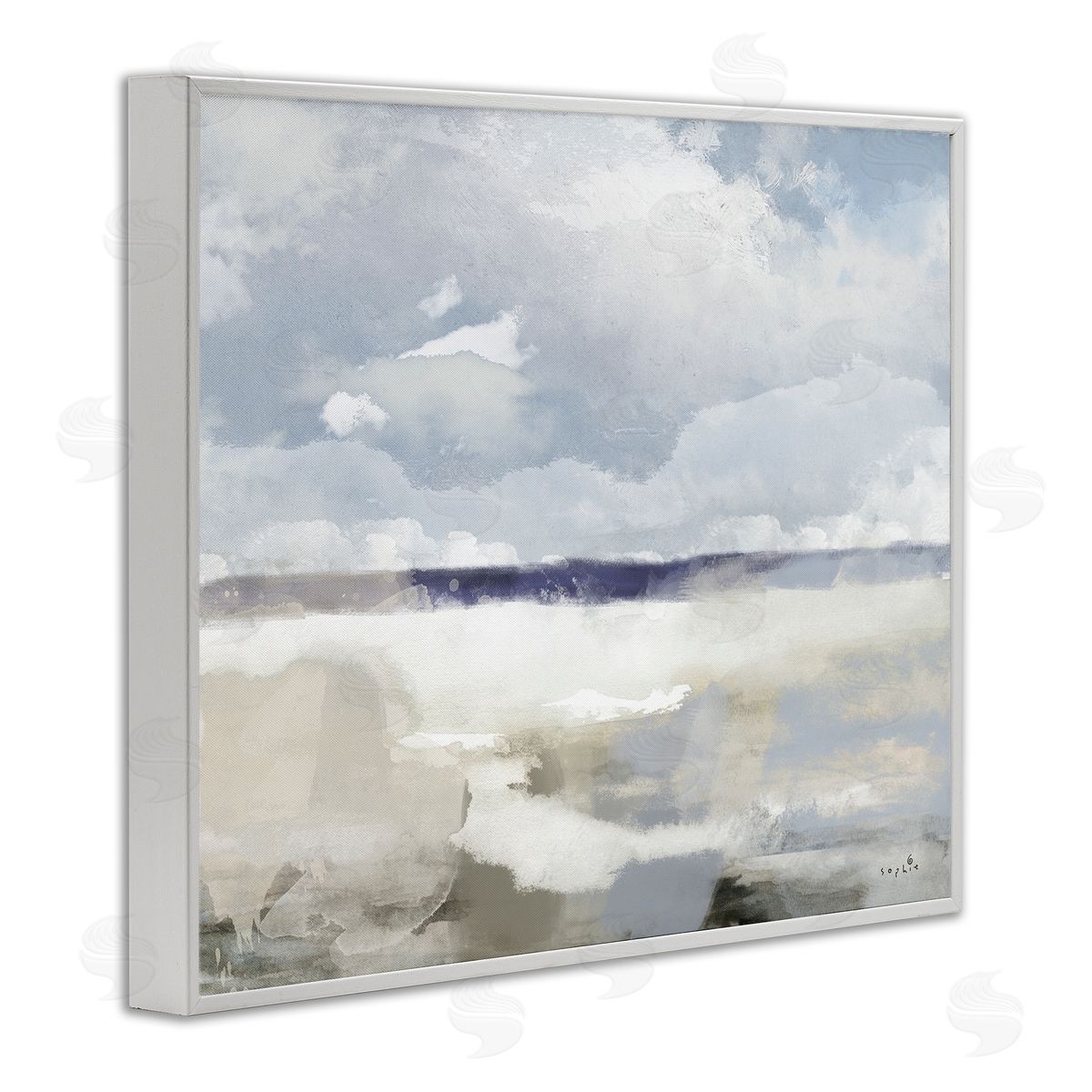 Sophie 6 Layered Abstract Beach Scenery Distant Land Clouds White Framed Giclee Wall Art Print