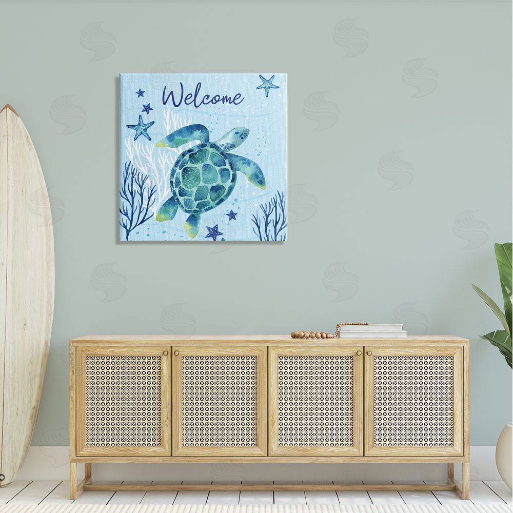 Sharon Lee Welcome Sign Sea Turtle Swimming Ocean Life  Canvas Wall Art in Room