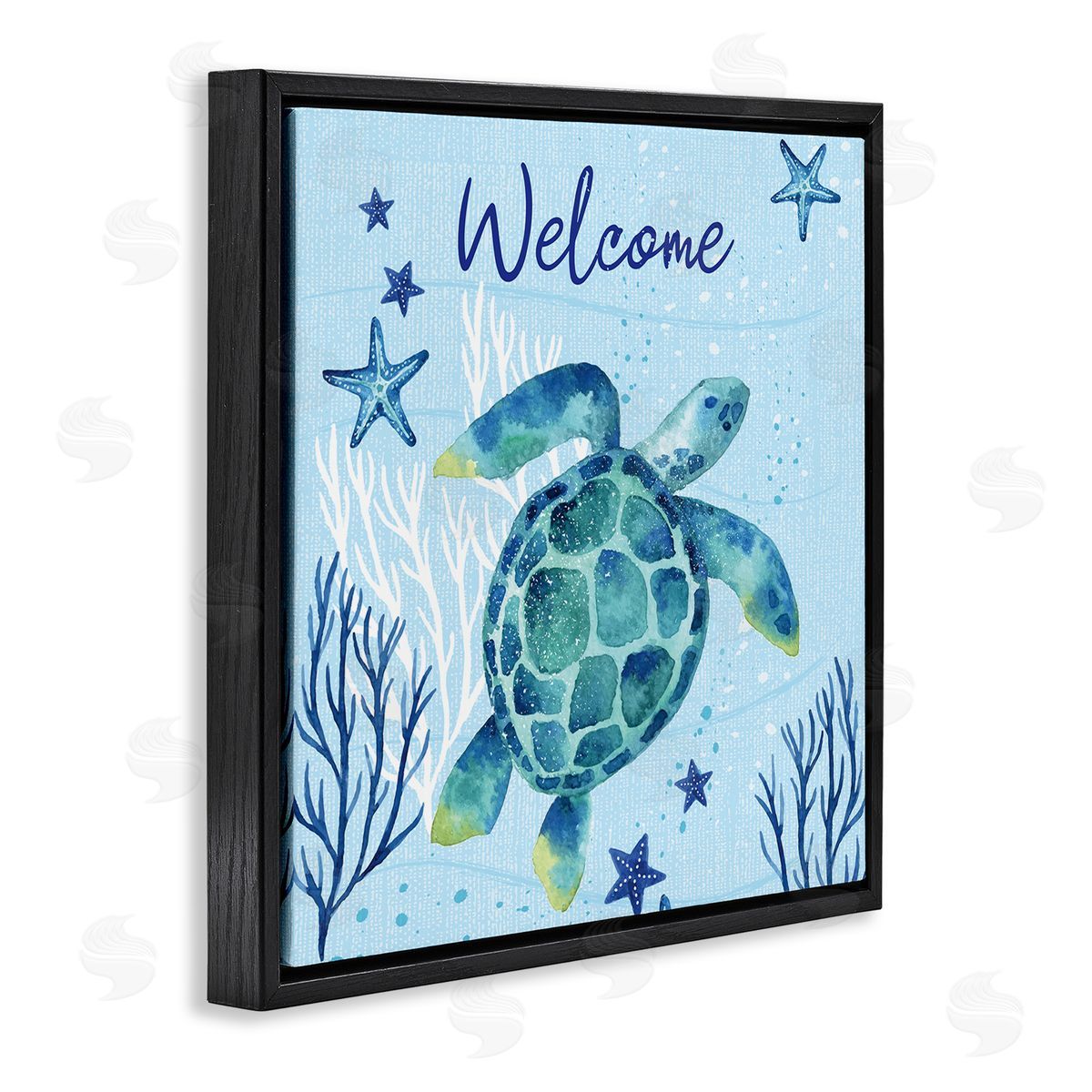Sharon Lee Welcome Sign Sea Turtle Swimming Ocean Life  Black Floating Frame Canvas Wall Art Print