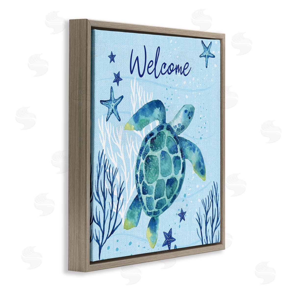 Sharon Lee Welcome Sign Sea Turtle Swimming Ocean Life  Brown Floating Frame Canvas Wall Art Print