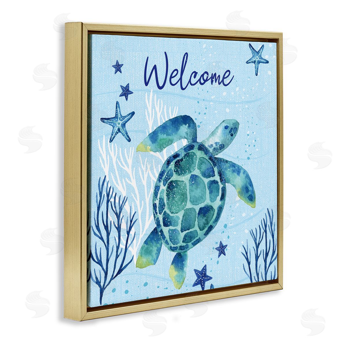 Sharon Lee Welcome Sign Sea Turtle Swimming Ocean Life  Gold Floating Frame Canvas Wall Art Print
