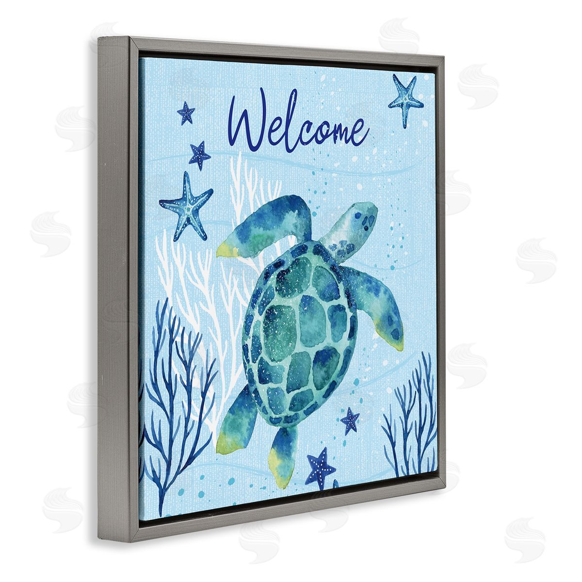 Sharon Lee Welcome Sign Sea Turtle Swimming Ocean Life  Gray Floating Frame Canvas Wall Art Print
