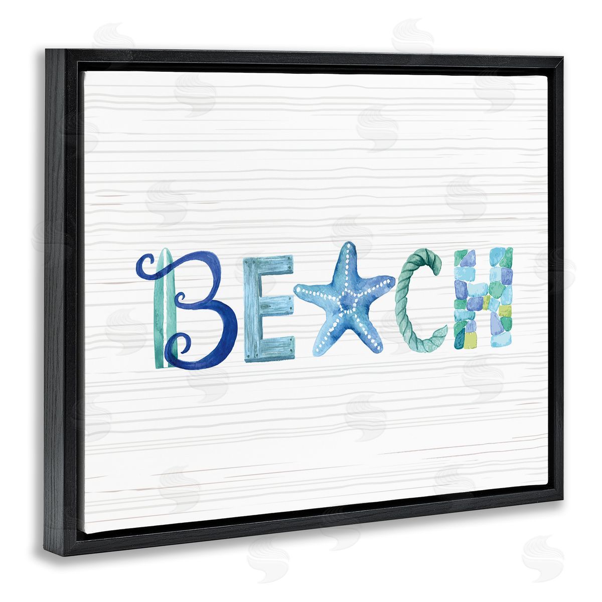 Sharon Lee Beach Letters Typography Sea Life Pebbles Rope Black Floating Frame Canvas Wall Art Print
