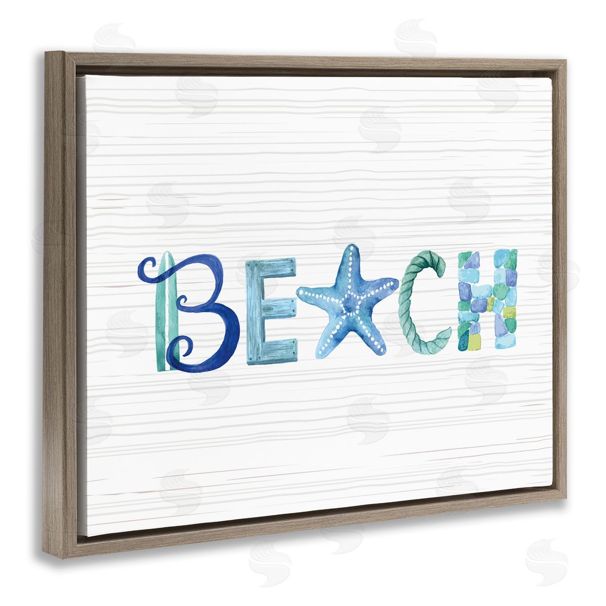Sharon Lee Beach Letters Typography Sea Life Pebbles Rope Brown Floating Frame Canvas Wall Art Print