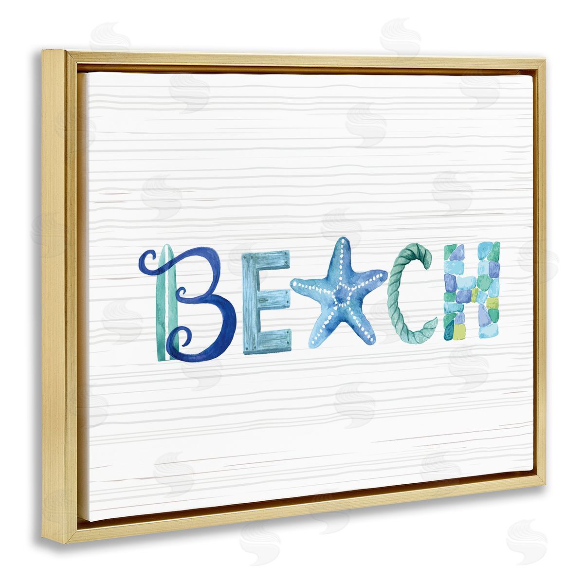 Sharon Lee Beach Letters Typography Sea Life Pebbles Rope Gold Floating Frame Canvas Wall Art Print