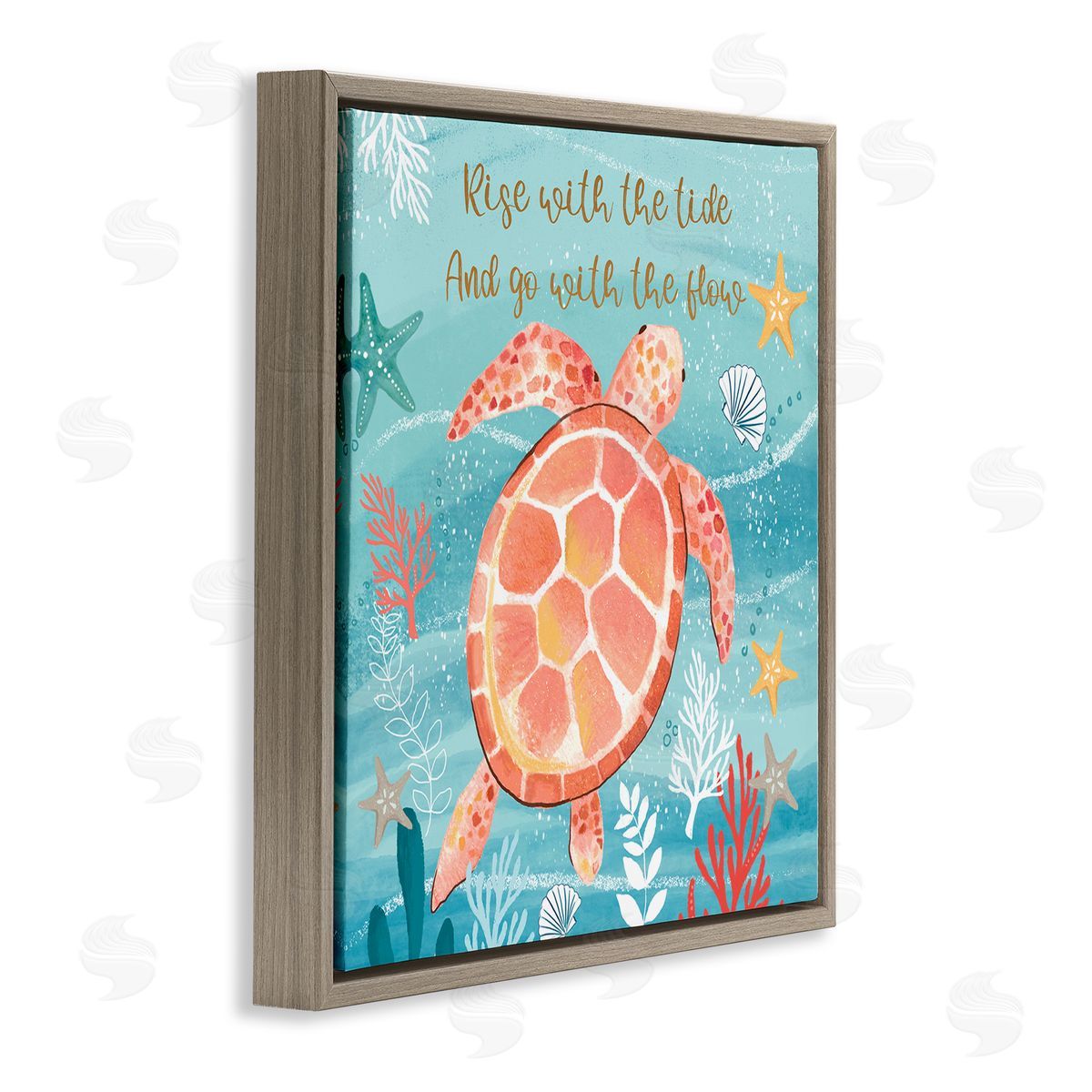 Sharon Lee Go With The Flow Sea Turtle Uplifting Message Brown Floating Frame Canvas Wall Art Print