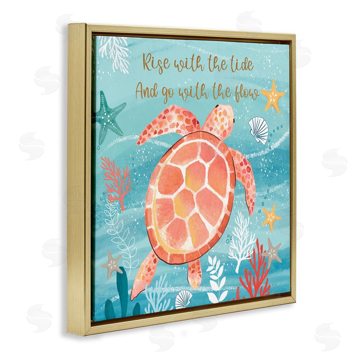 Sharon Lee Go With The Flow Sea Turtle Uplifting Message Gold Floating Frame Canvas Wall Art Print