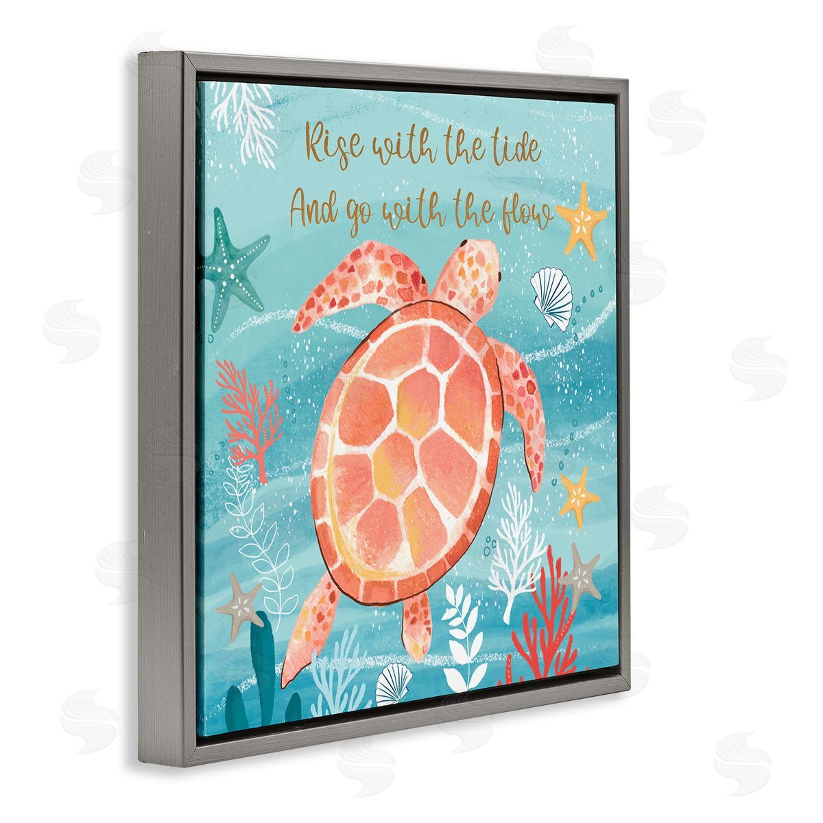 Sharon Lee Go With The Flow Sea Turtle Uplifting Message Gray Floating Frame Canvas Wall Art Print