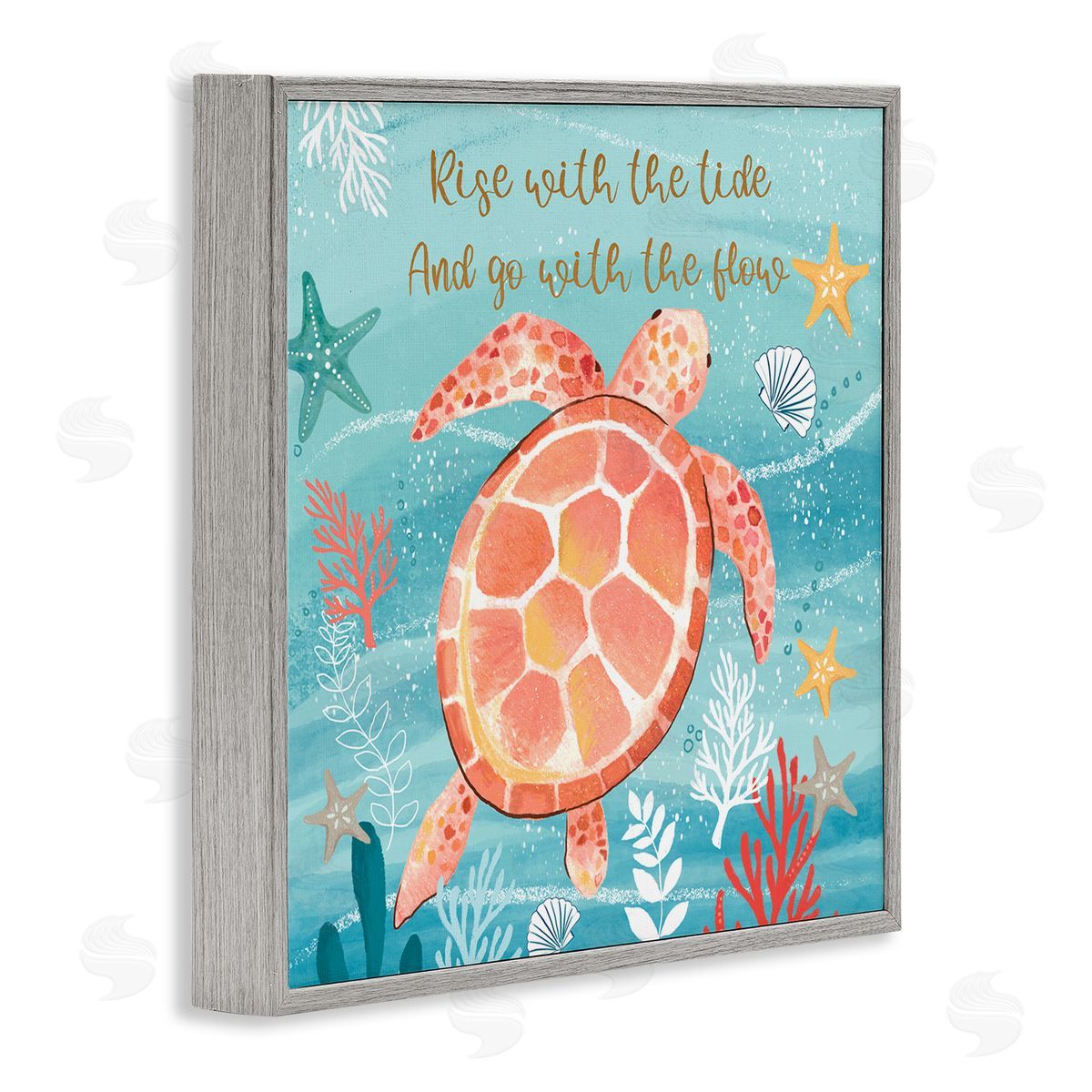 Sharon Lee Go With The Flow Sea Turtle Uplifting Message Gray Framed Glicee Wall Art Print