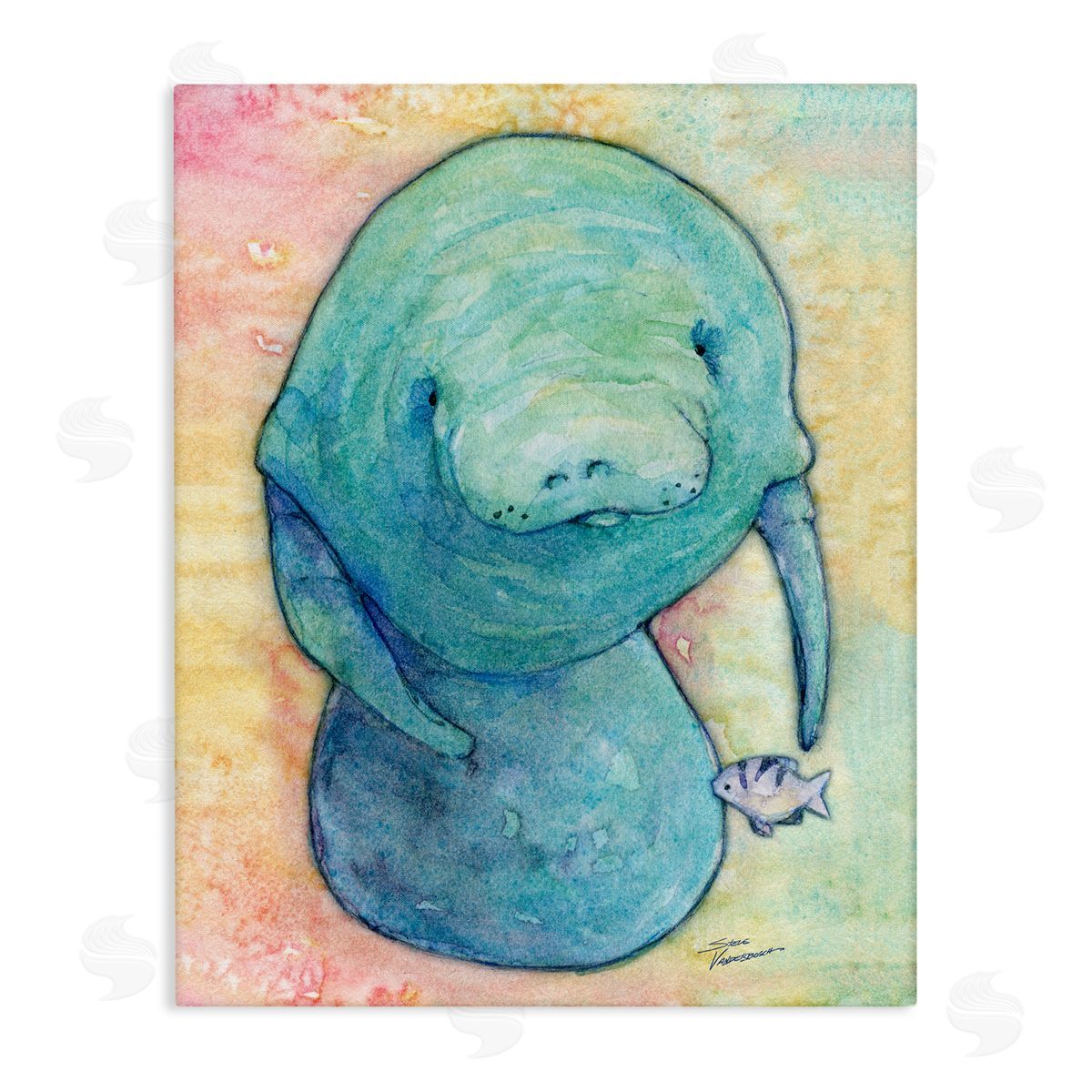 Steve Vanderbosch Aquatic Manatee Among Fish Rainbow Watercolor Detail  Stretched Canvas Wall Art Print
