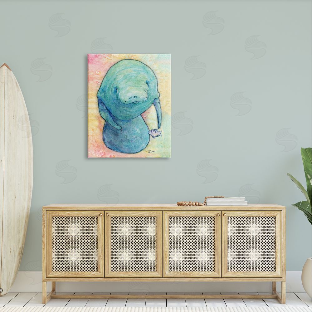 Steve Vanderbosch Aquatic Manatee Among Fish Rainbow Watercolor Detail  Canvas Wall Art Print in Room