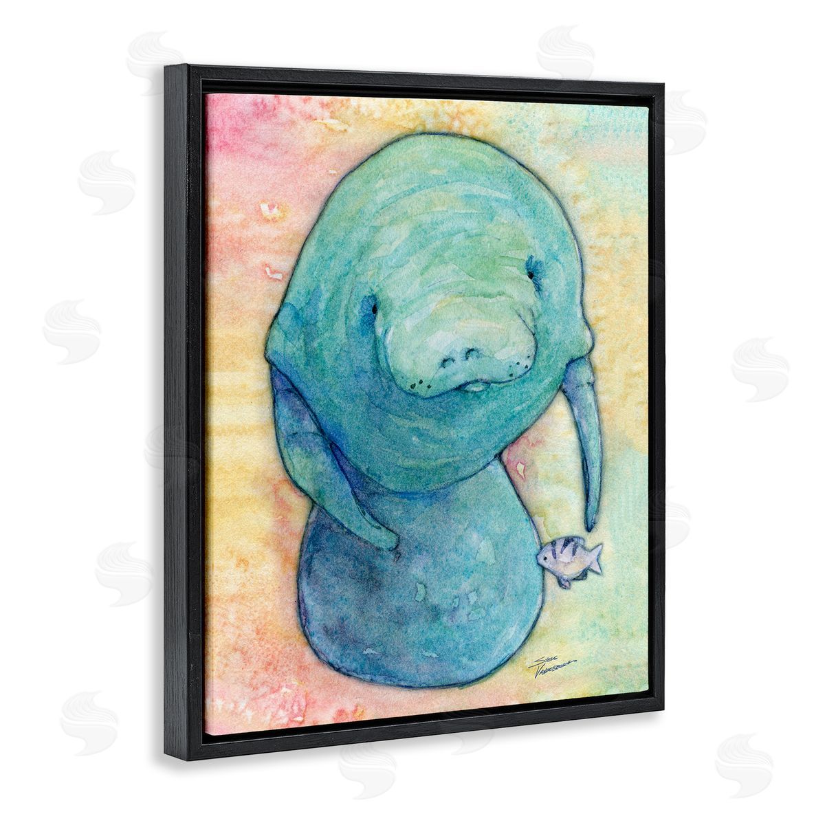 Steve Vanderbosch Aquatic Manatee Among Fish Rainbow Watercolor Detail  Black Floating Frame Canvas Wall Art Print