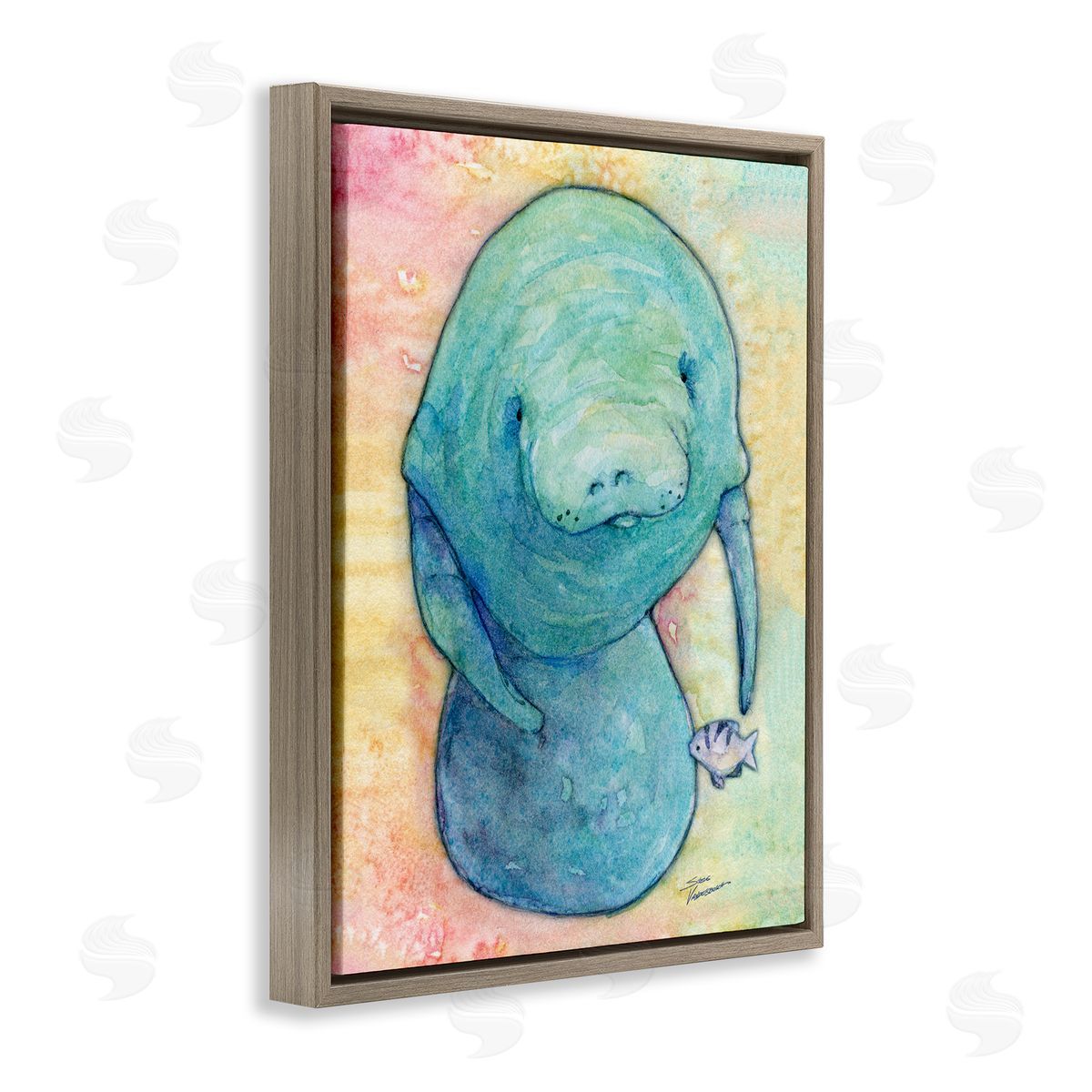 Steve Vanderbosch Aquatic Manatee Among Fish Rainbow Watercolor Detail  Brown Floating Frame Canvas Wall Art Print