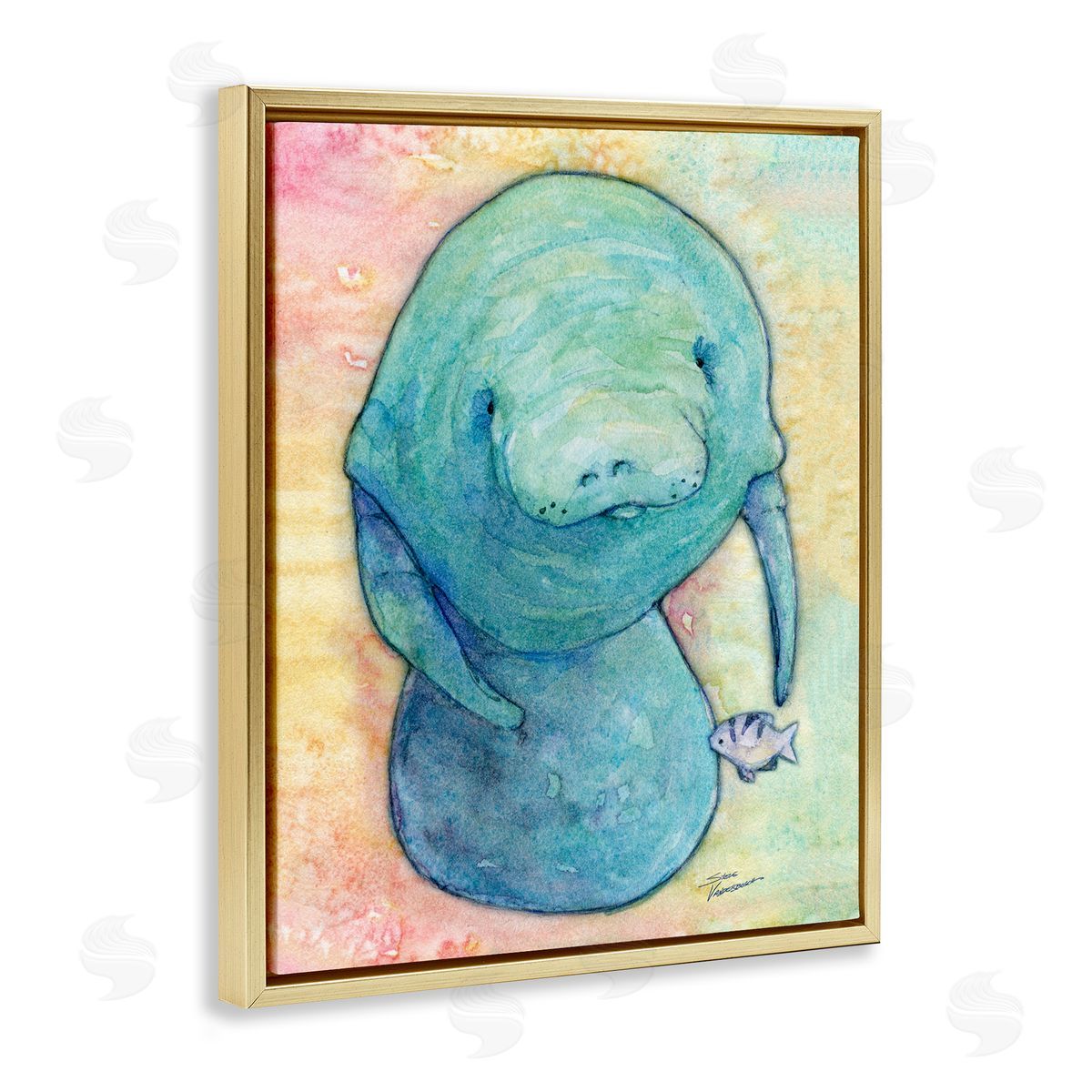 Steve Vanderbosch Aquatic Manatee Among Fish Rainbow Watercolor Detail  Gold Floating Frame Canvas Wall Art Print
