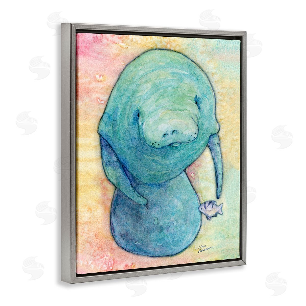 Steve Vanderbosch Aquatic Manatee Among Fish Rainbow Watercolor Detail  Gray Floating Frame Canvas Wall Art Print