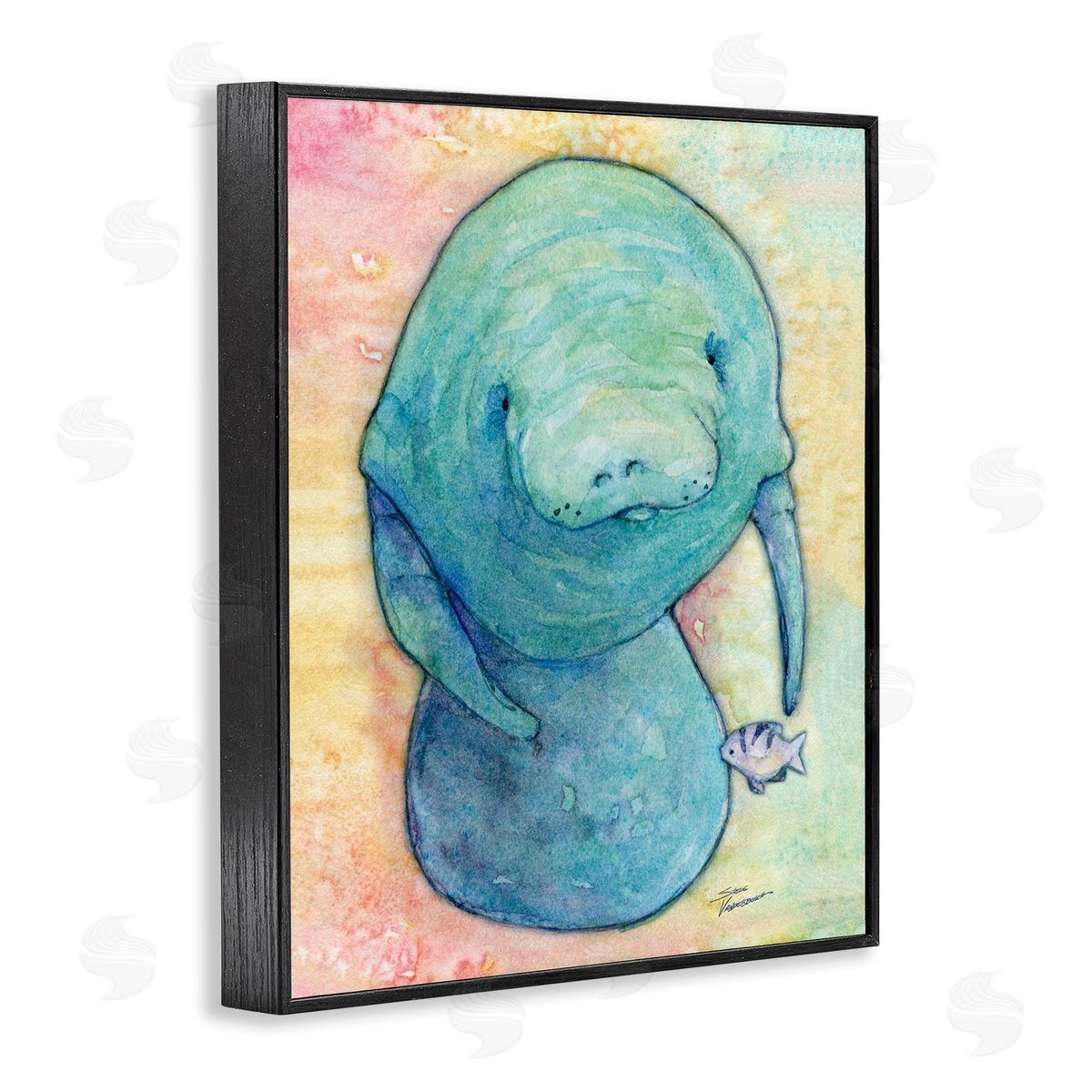 Steve Vanderbosch Aquatic Manatee Among Fish Rainbow Watercolor Detail  Black Framed Giclee Wall Art Print