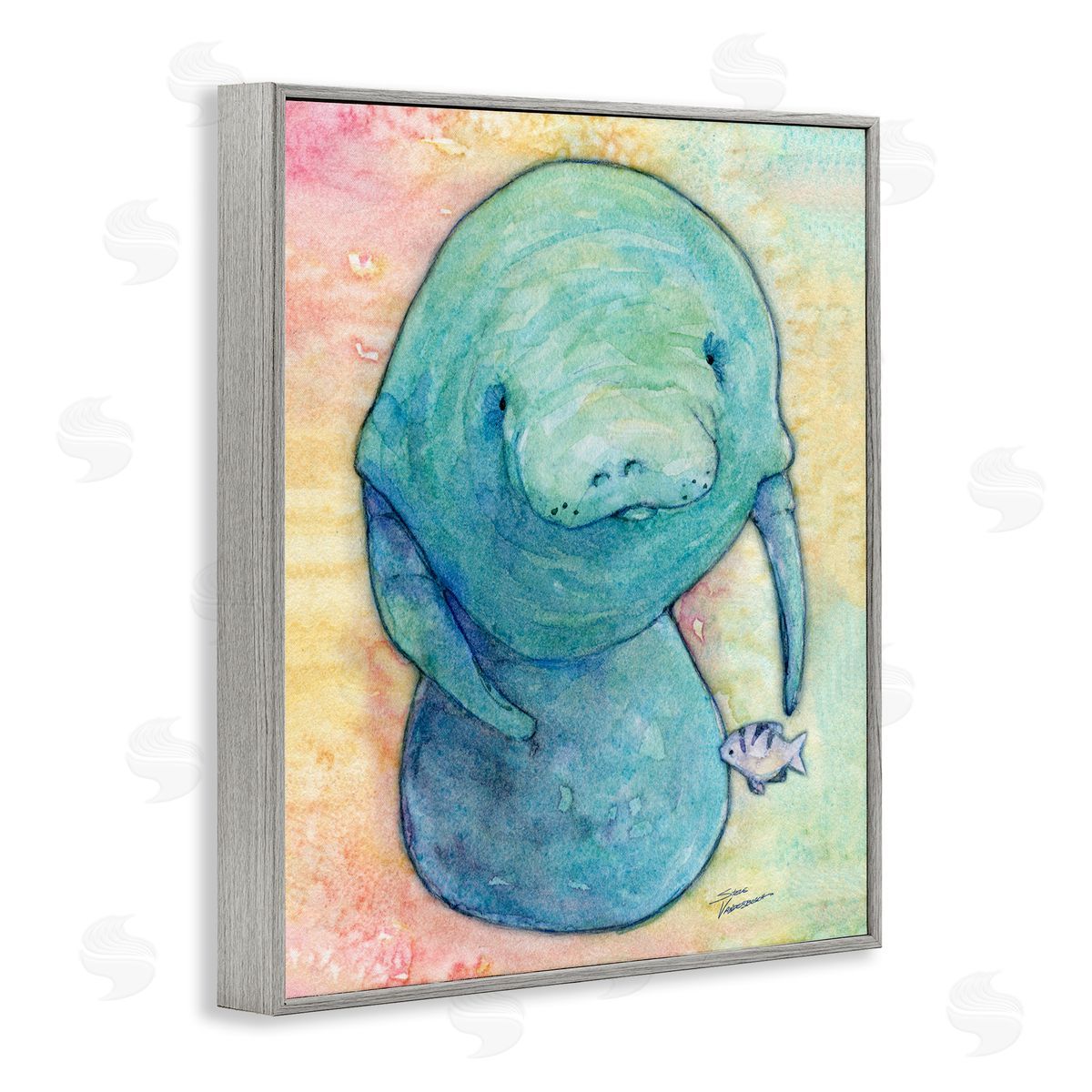 Steve Vanderbosch Aquatic Manatee Among Fish Rainbow Watercolor Detail  Gray Framed Giclee Wall Art Print